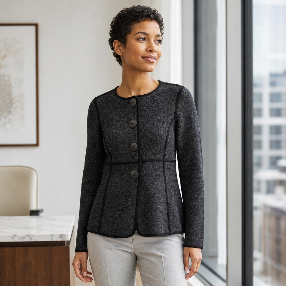 Classiques Entier Women's XS Gray Wool Knit Jacket Black Trim Button‎ Front